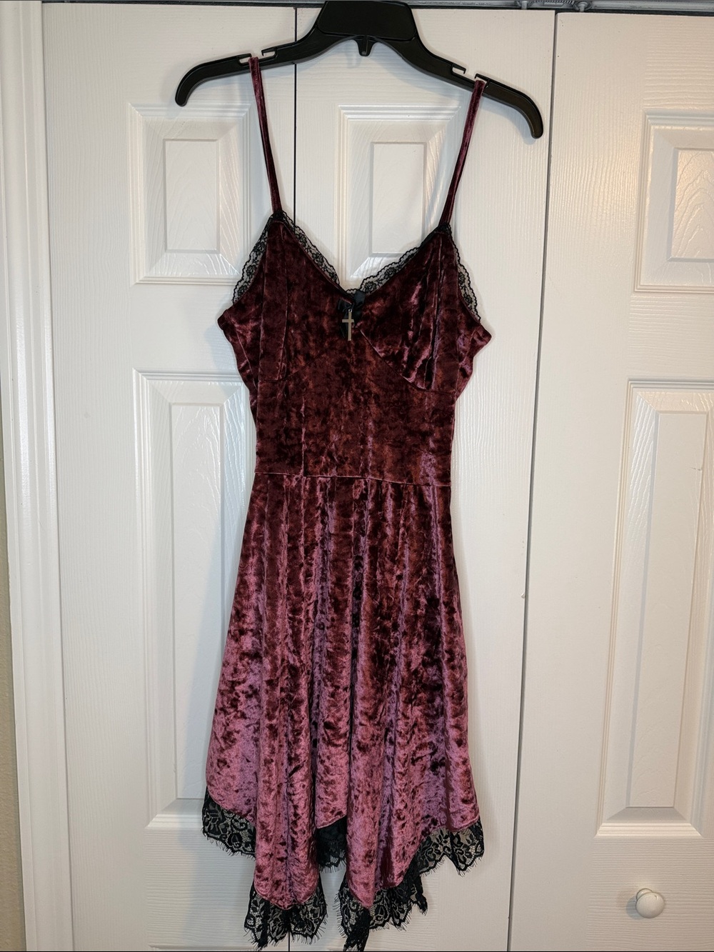 Crushed Velvet Lace-Trim Slip Dress in Burgundy